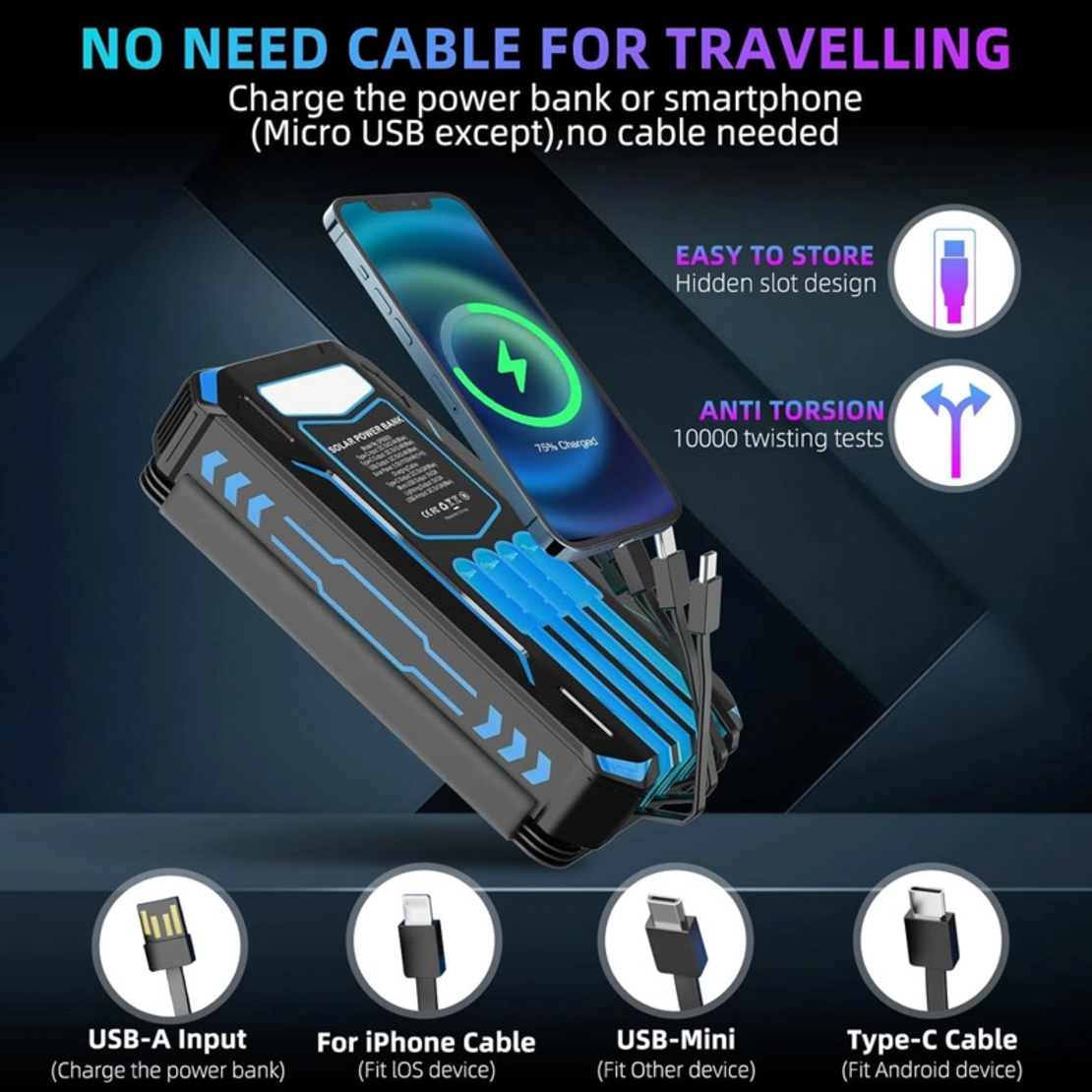 Solarni Power Bank 905-IE 20000 mAh sa LED lampom plavi