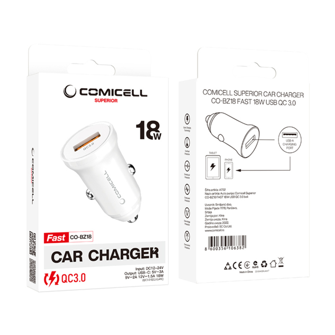 Auto punjac Comicell Superior CO-BZ18 FAST 18W USB QC 3.0 beli