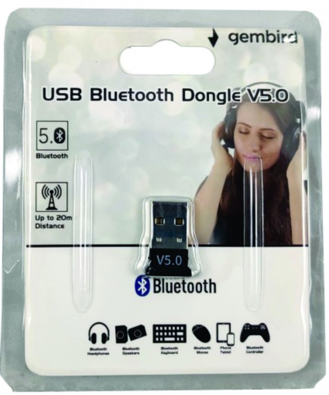 Gembird USB2.0/3.0 Bluetooth dongle v5.0, 2.4Ghz 3MB/s(24Mbps) 8dBm 20m