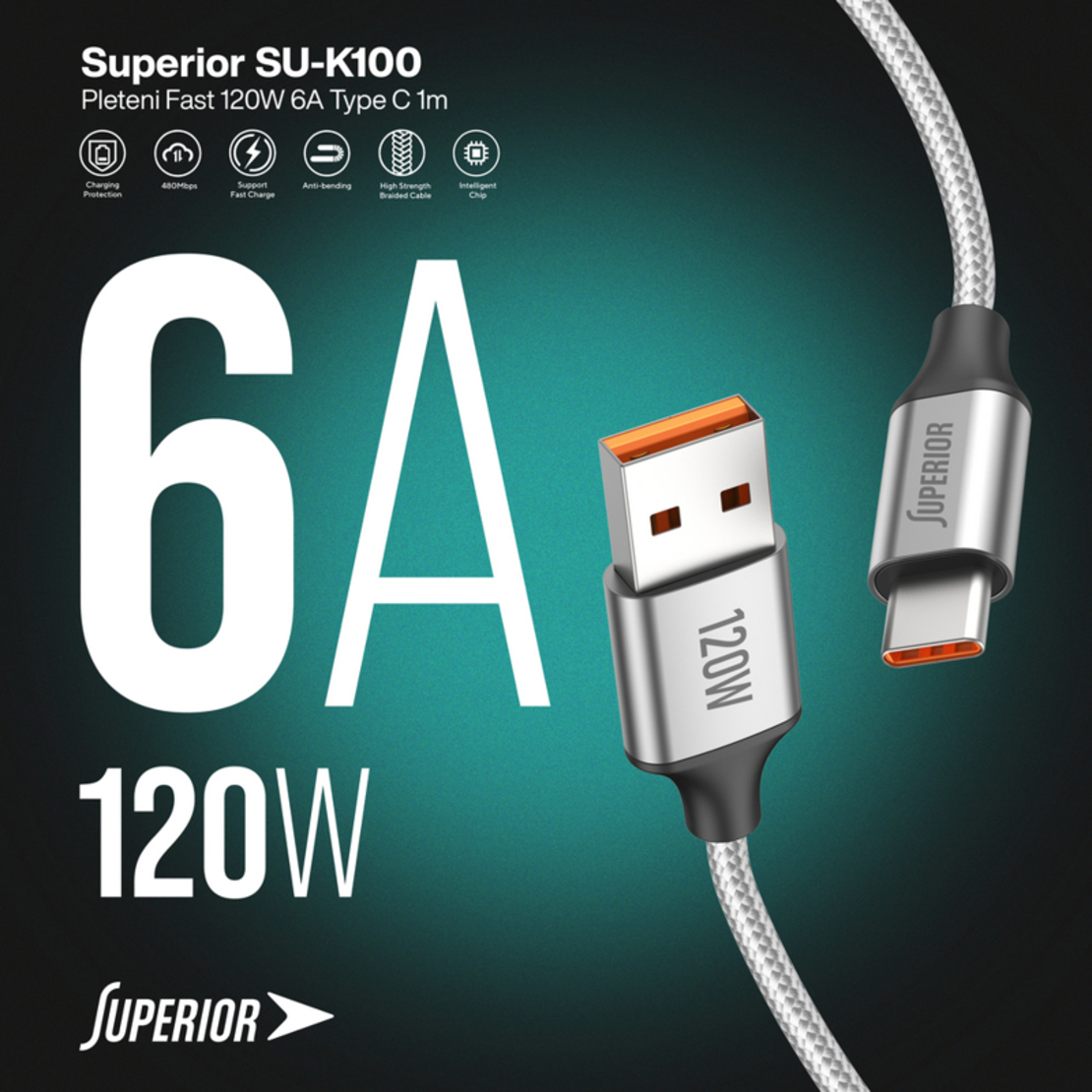 USB data kabal Superior SU-K100 pleteni Fast 120W 6A Type C 1m srebrni