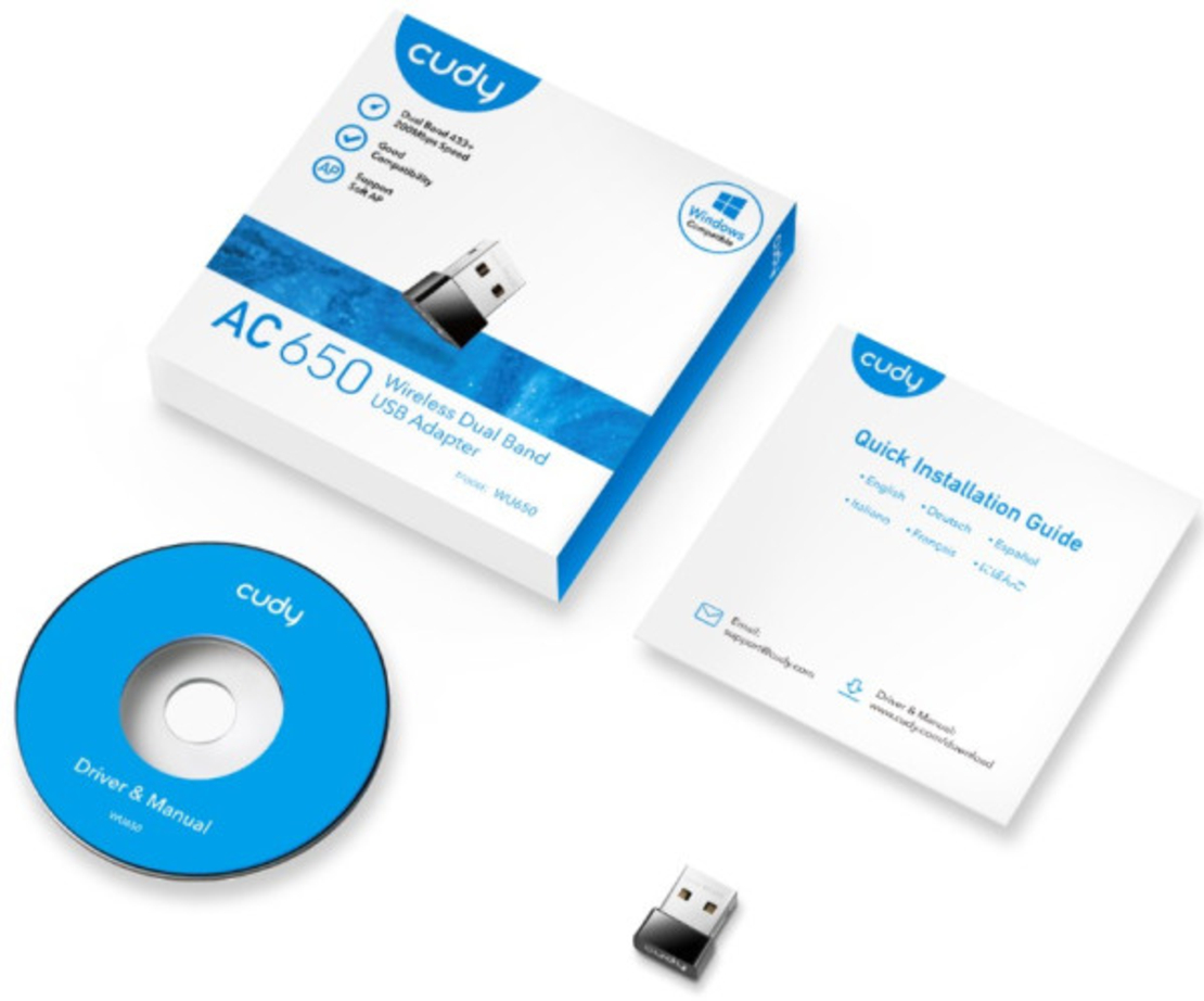 Cudy WU650 AC650 Wi-Fi Dual Band 2.4+5Ghz USB MINI Adapter, 2dBi longe range, Soft AP (Alt.U9)