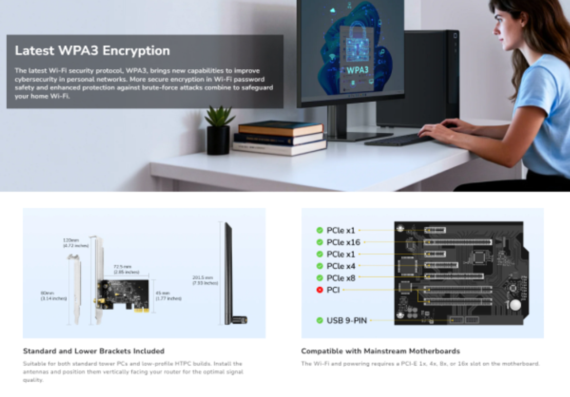Cudy WE650,AC650 Bezicni PCI-E adapter sa dva opsega, 433 Mbps + 200 Mbps ,Dual-Band Wi-Fi 5
