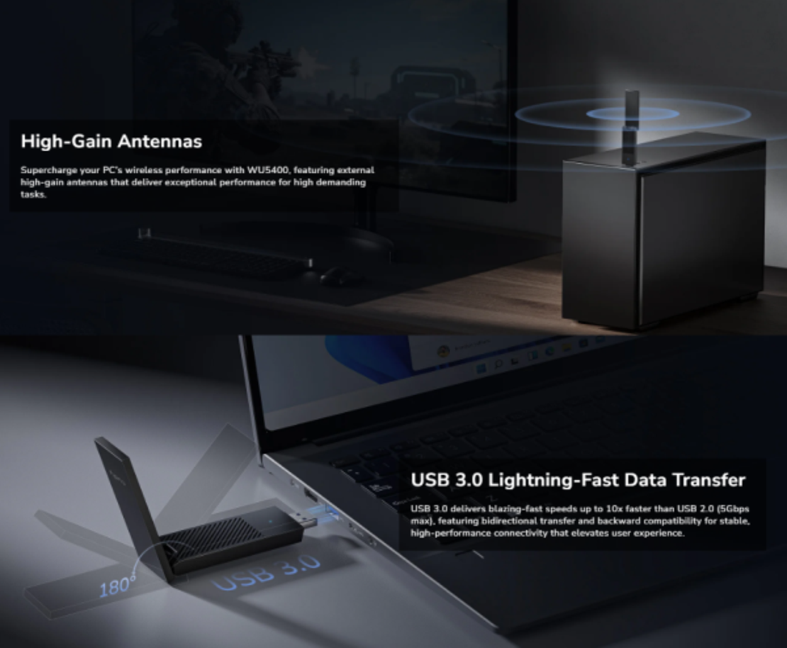 Cudy WU5400, AX5400 High-Gain USB 3.0 Wi-Fi 6E Adapter 2.4/5/6 GHz, 574 Mbps/2402 Mbps