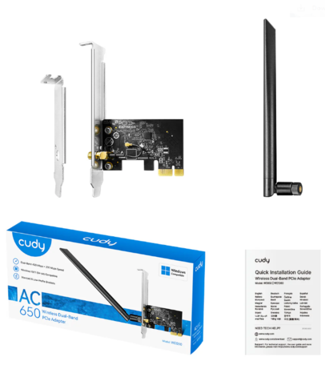 Cudy WE650,AC650 Bezicni PCI-E adapter sa dva opsega, 433 Mbps + 200 Mbps ,Dual-Band Wi-Fi 5