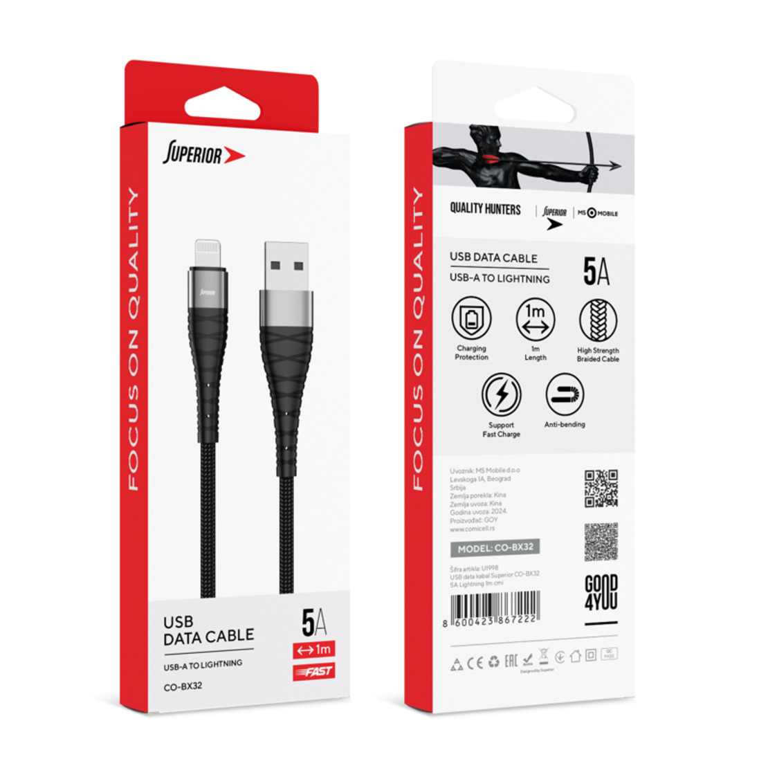 USB data kabal Comicell Superior CO-BX32 5A Lightning crni