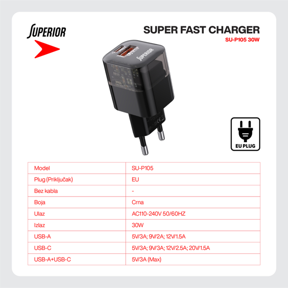 Kuciste punjaca Superior SU-P105 30W USB A+Type C crno