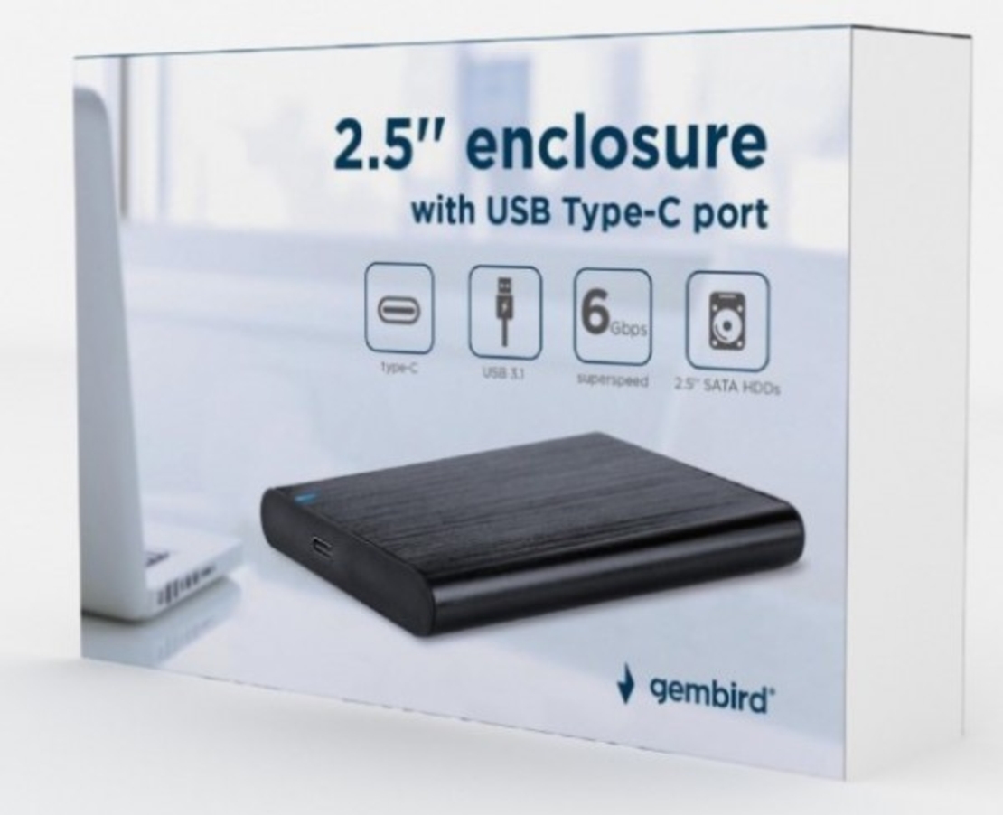 EE2-U3S-6 Gembird USB 3.1 Externo kuciste za 2.5 SATA hard diskove, Type-C, bruseni aluminium,crno