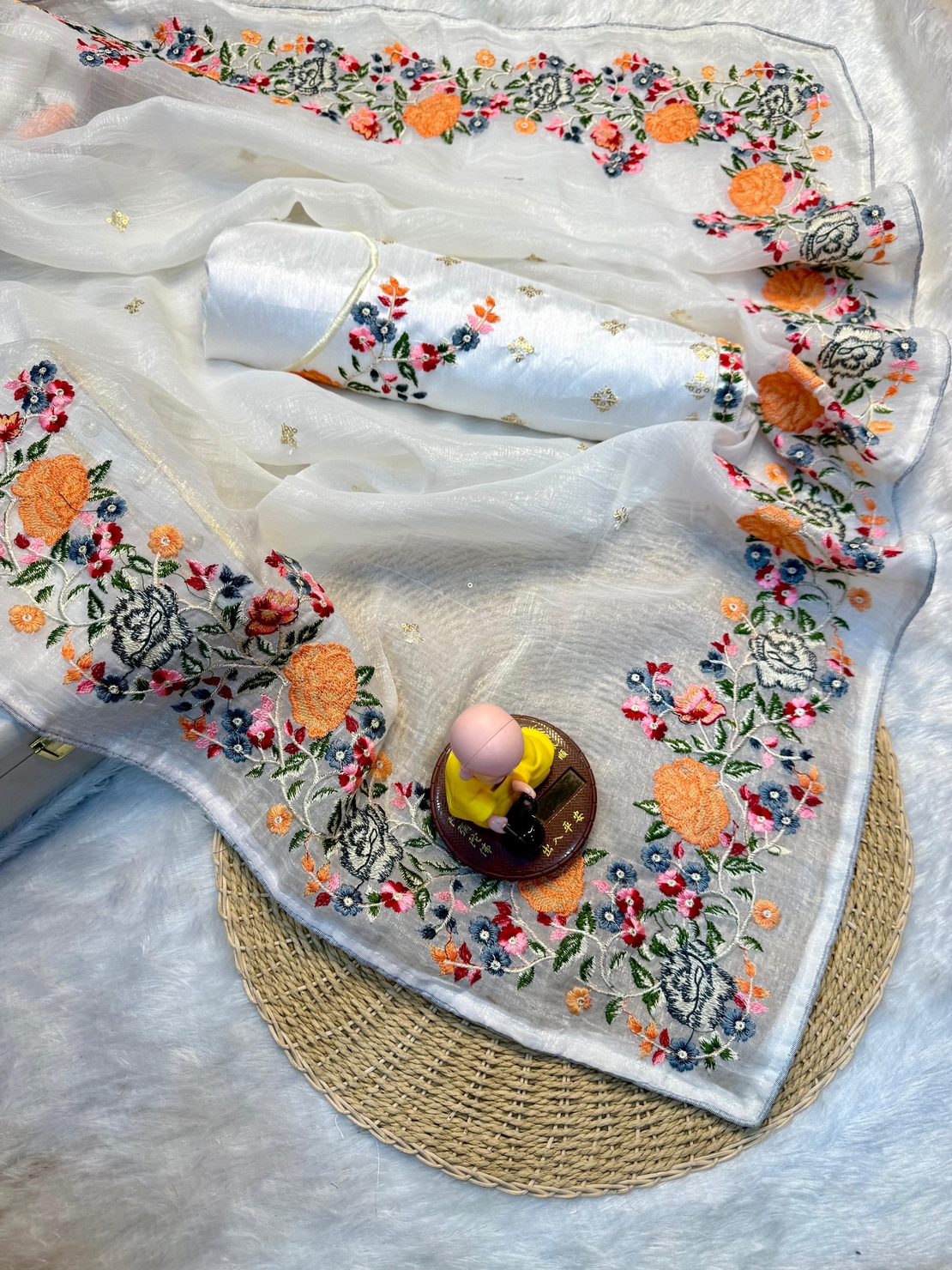 SAREES :Soft Crunchy silk fabric with multi thread work and piping lace border.
