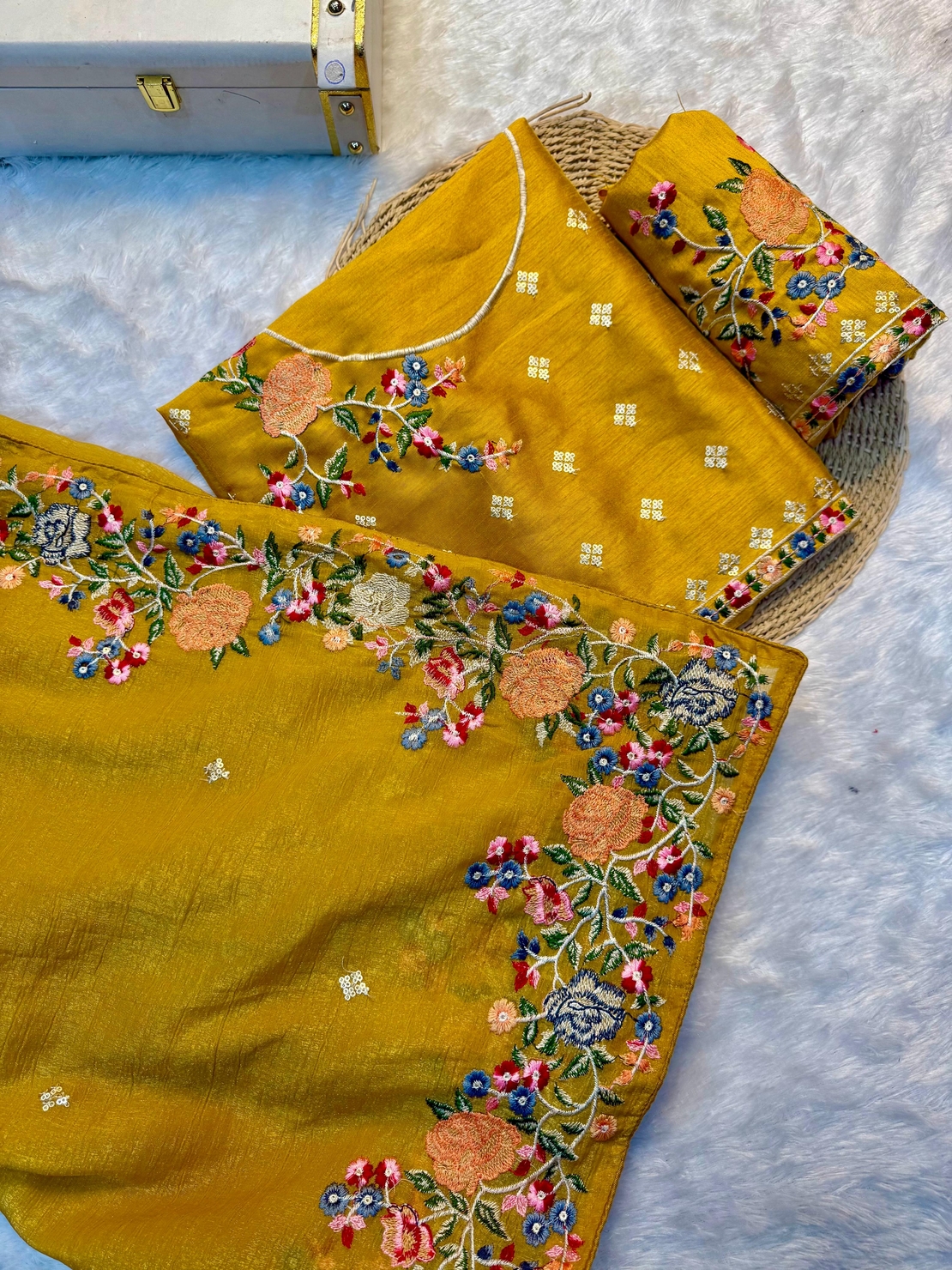 SAREES :Soft Crunchy silk fabric with multi thread work and piping lace border.