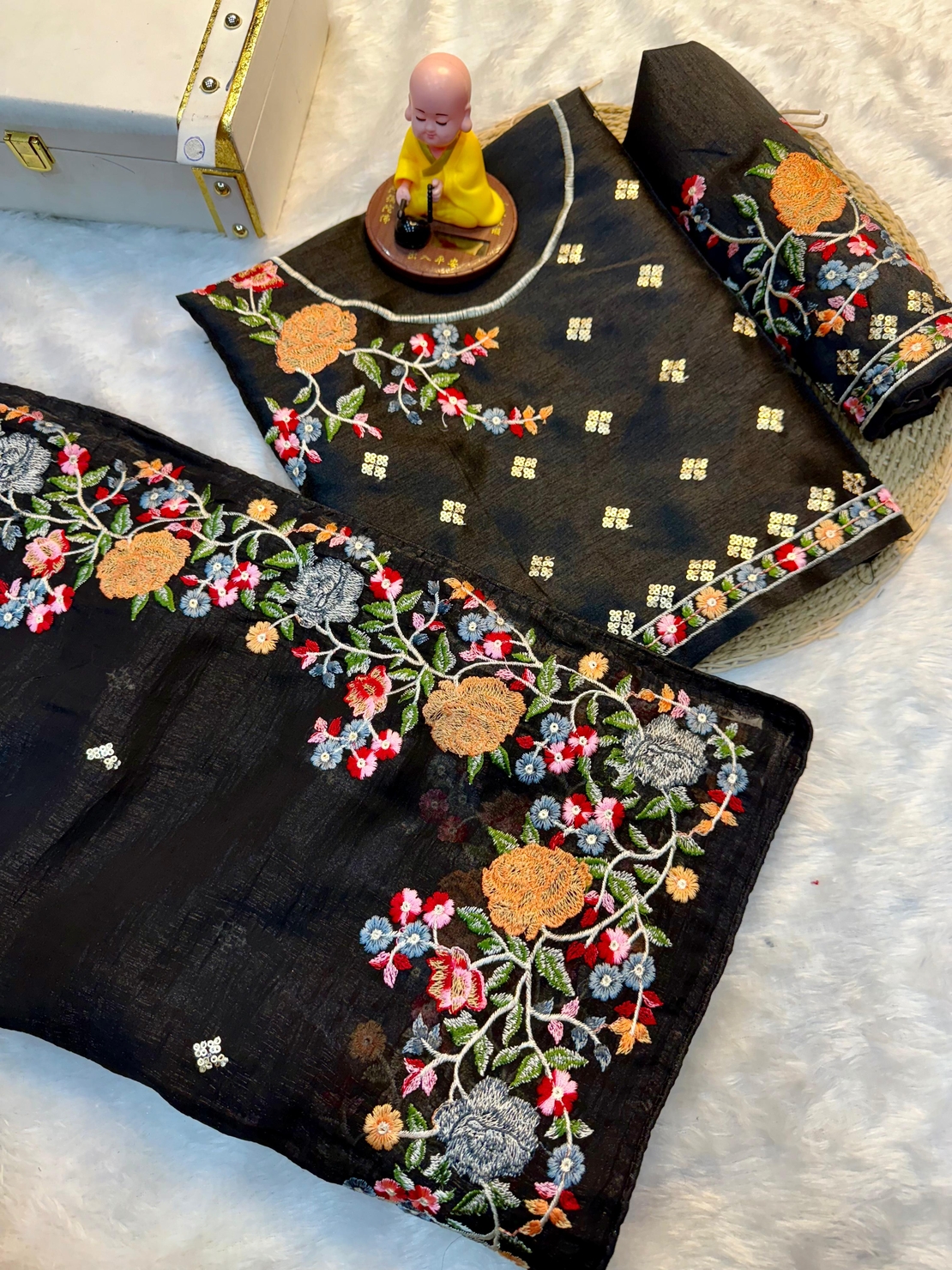 SAREES :Soft Crunchy silk fabric with multi thread work and piping lace border.