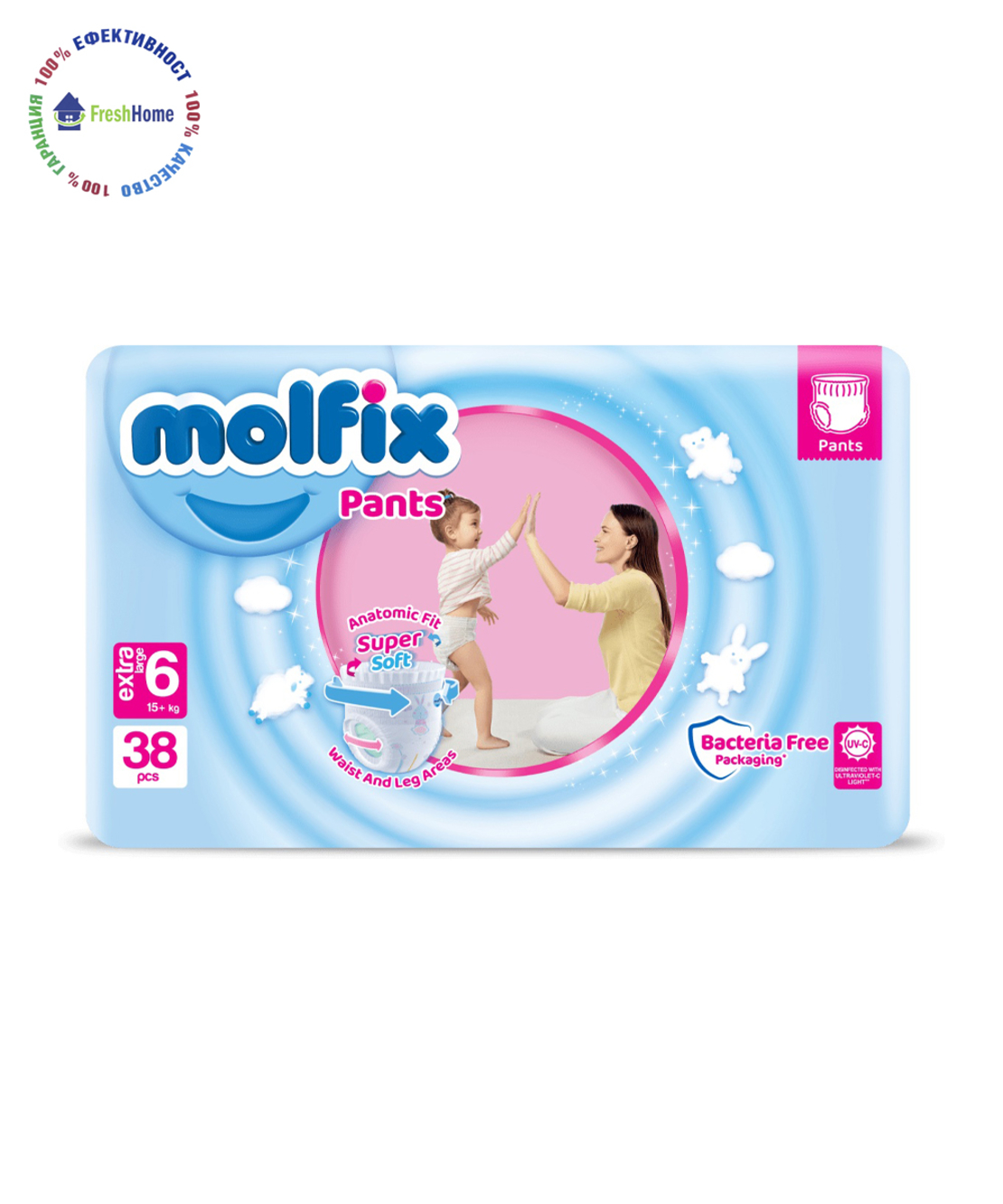 Пелени Гащи Molfix 6 (15+ kg.) – 38 бр. + подарък мокри кърпи Molfix 60 етикет