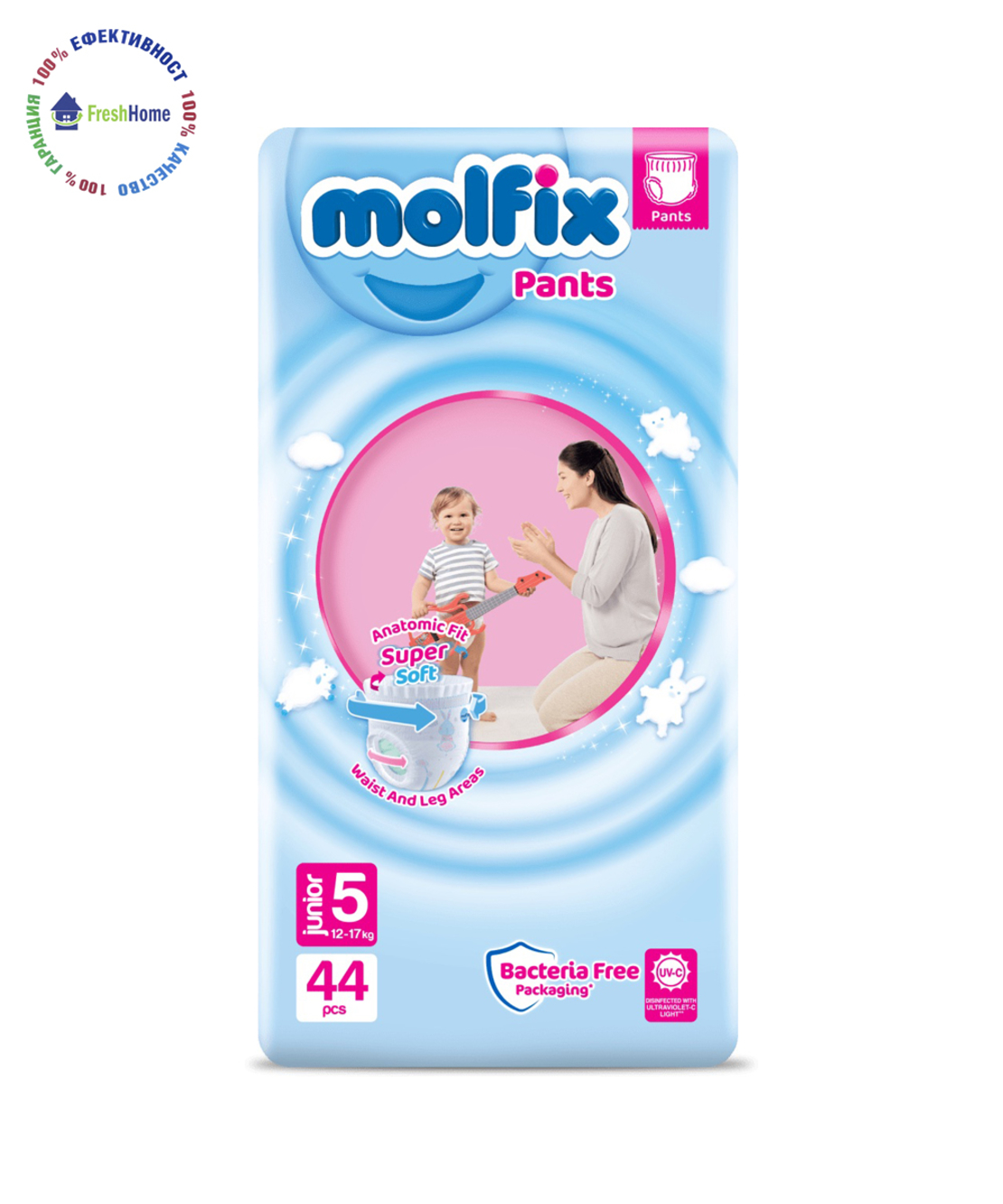 Пелени Гащи Molfix 5 (11-18 kg.) – 44 бр. + подарък мокри кърпи Molfix 60 етикет