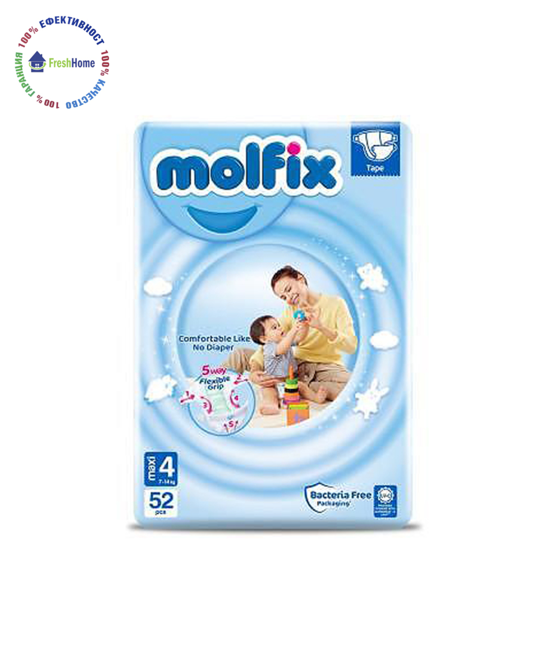 Пелени Molfix 4 (7-14 кг.) - 52 бр. + подарък мокри кърпи Molfix 60 етикет