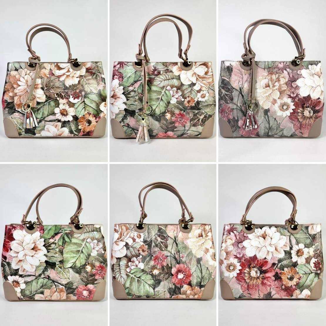 Купить итальянскую бежевую женскую сумку из натуральной кожи с узором флора  | Marie bags store