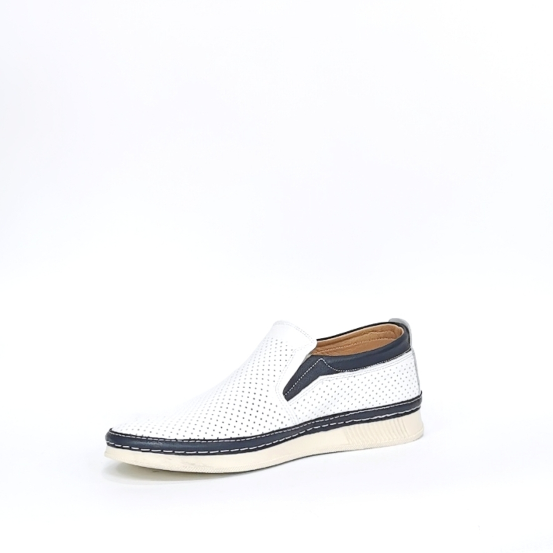 Men's casual shoes made of natural leather in white+blue color 7205