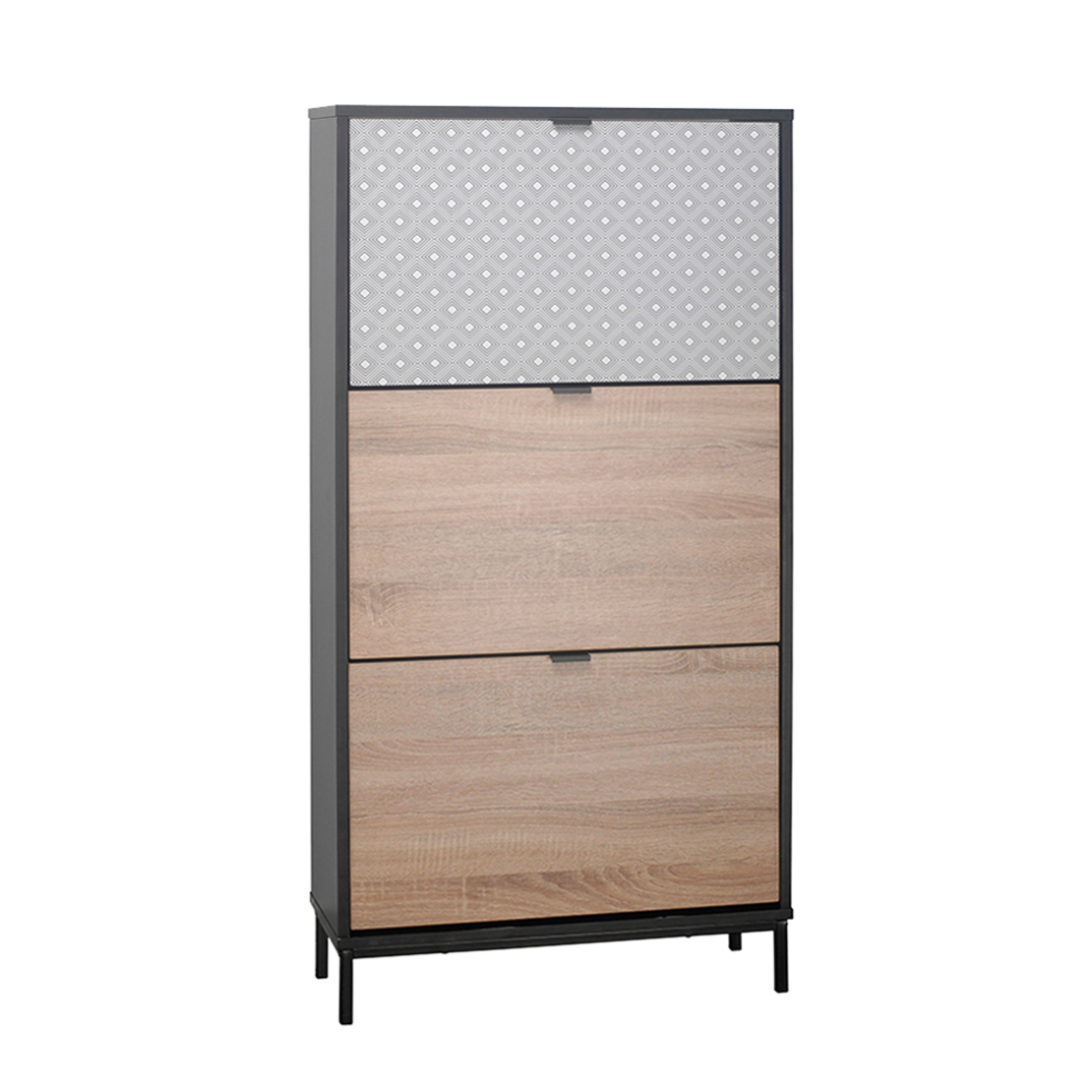 ROMBUS SHOERACK 3DOORS CHIPBOARD WITH MELAMINE CARTA BLACK SONOMA WHITE WITH PATTERN E1 PRC