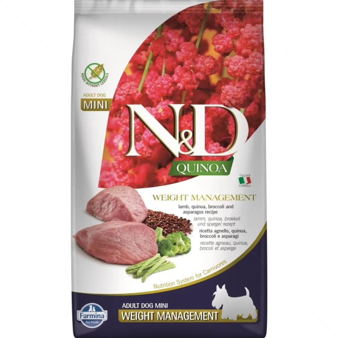 N&D Dog Quinoa Mini диетична храна за дребни породи с агнешко месо, киноа, броколи и аспержи на възраст над 1 година