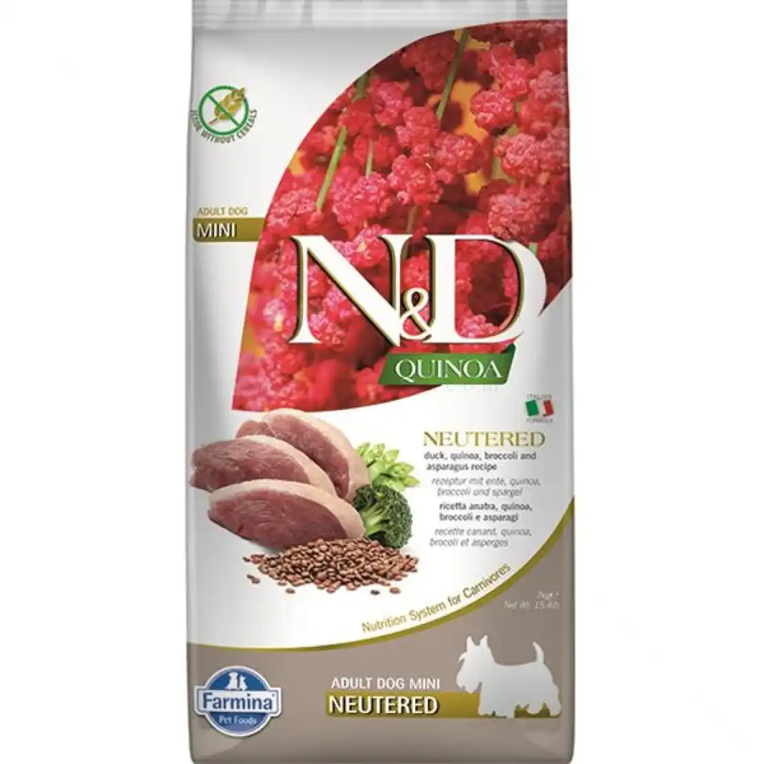 N&D Quinoa NEUTERD Dog Adult MINI with Duck, Broccoli & Aspragus-Суха Храна за Кастрирани Кучета с Патешко