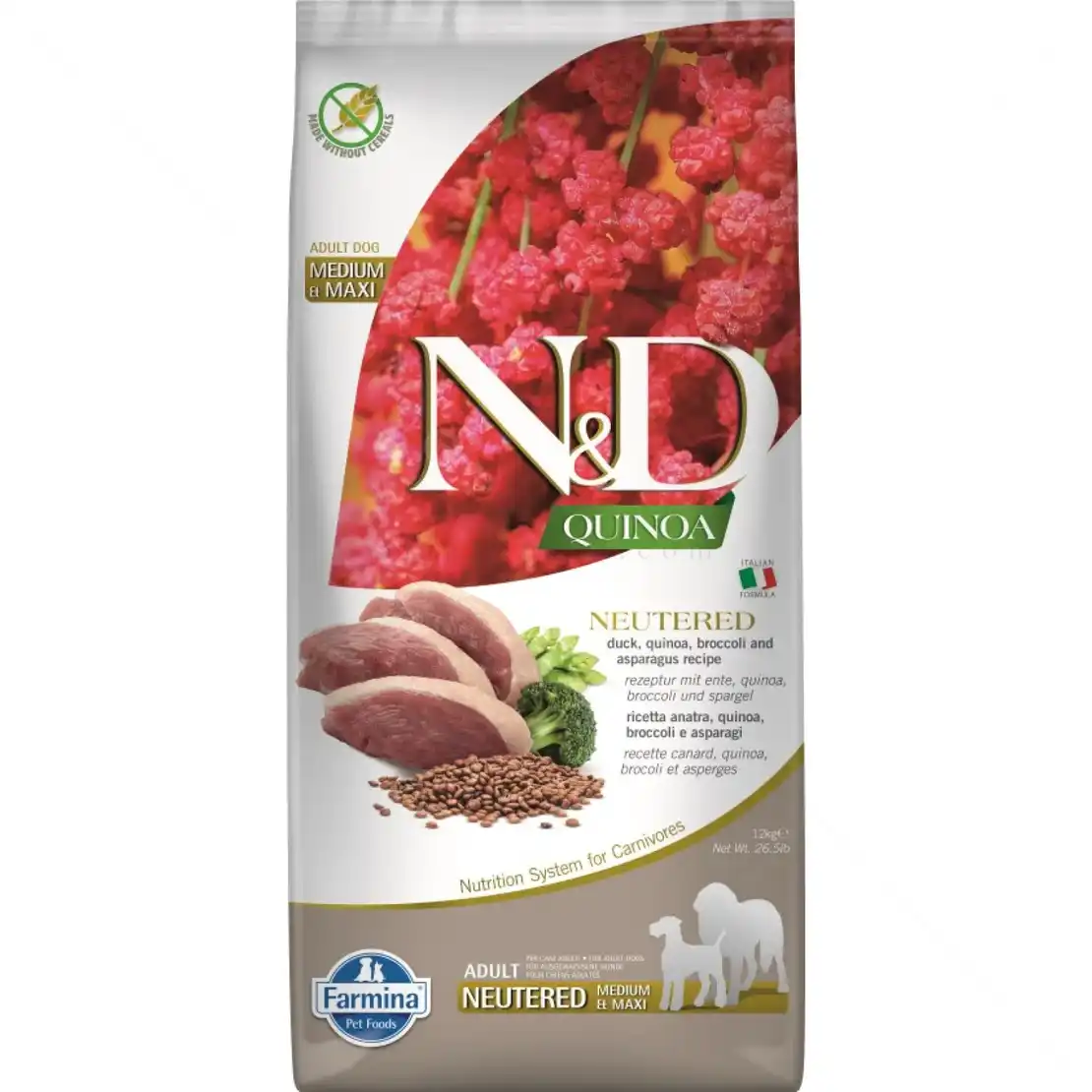 N&D Dog Quinoa за кастрирани кучета от средни и едри породи с патешко месо, киноа, броколи и аспержи на възраст над 1 година